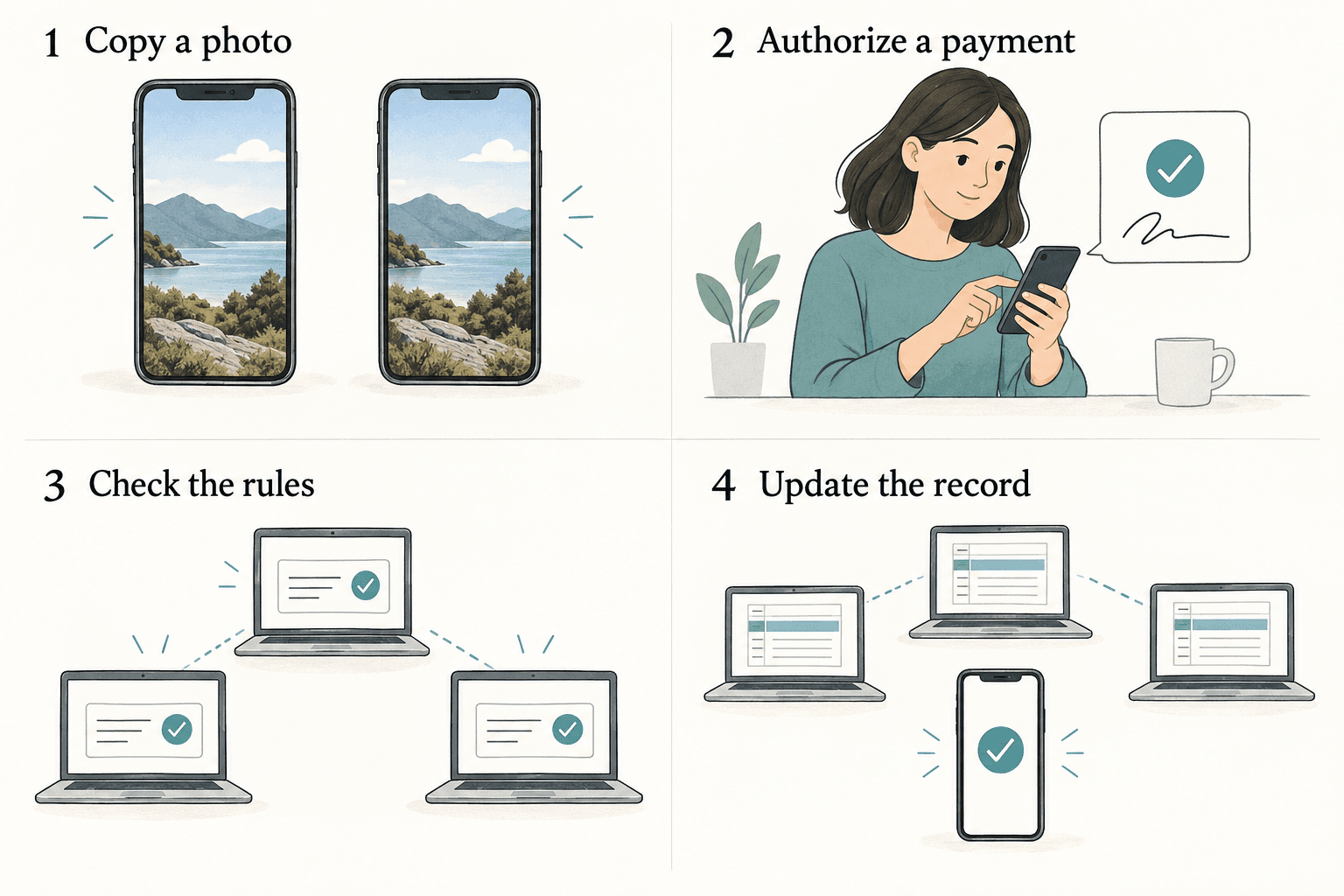 A photo is copied to two phones. Later panels show a payment being approved, checked against rules, and added to matching records.
