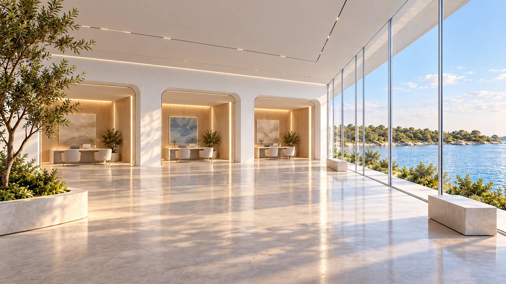 Bank: clean white architecture, water and gardens