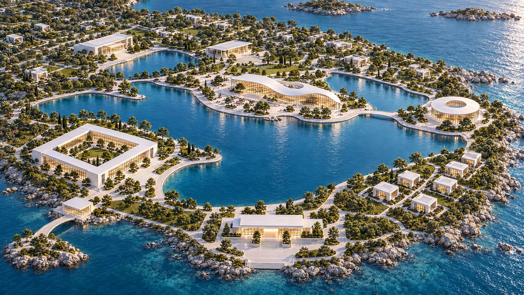 An aerial view of Base, with eight places to explore.