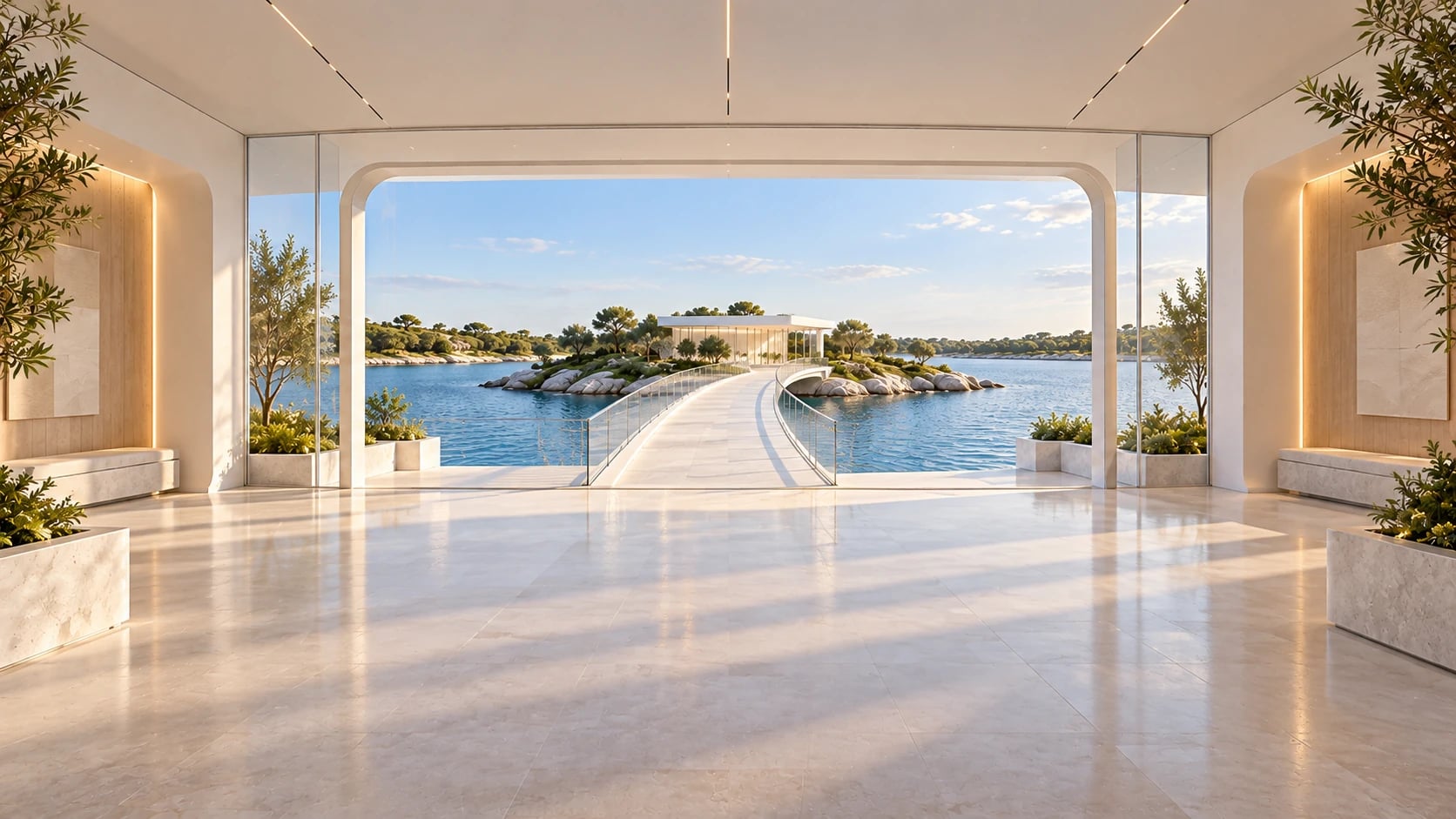 Bridge Gateway: clean white architecture, water and gardens