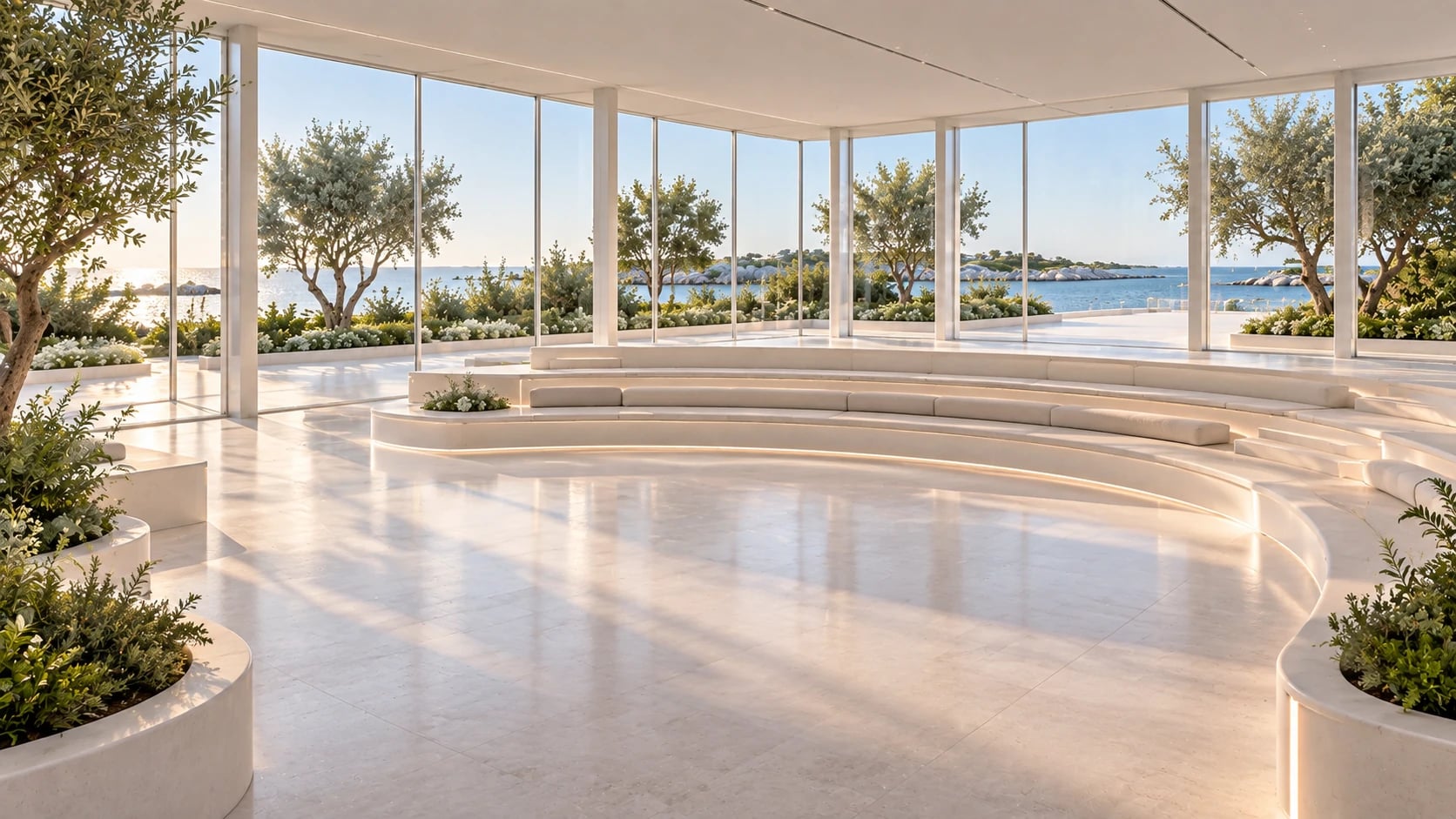 Civic Hall: clean white architecture, water and gardens