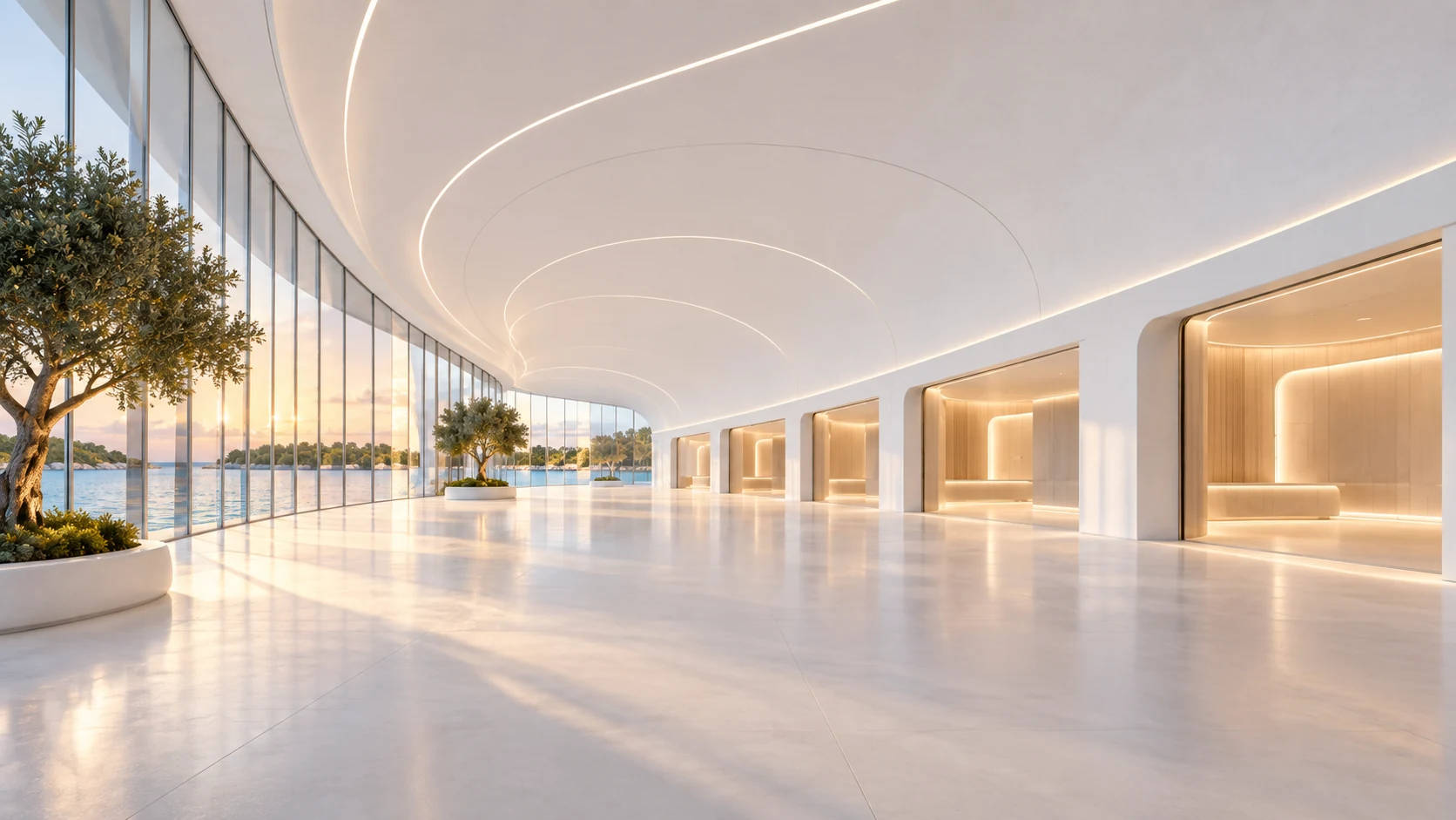Marketplace: clean white architecture, water and gardens
