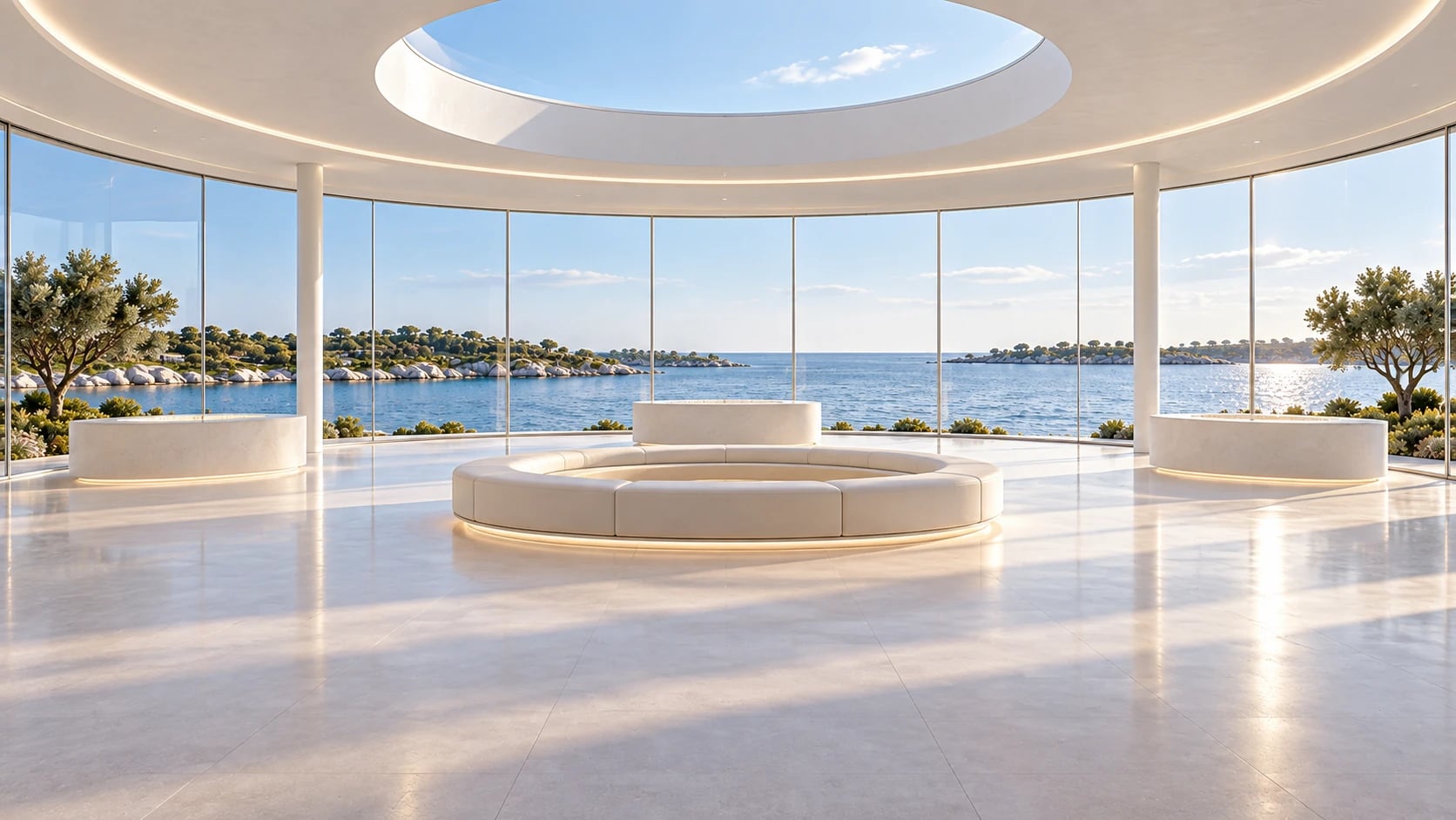Observatory: clean white architecture, water and gardens