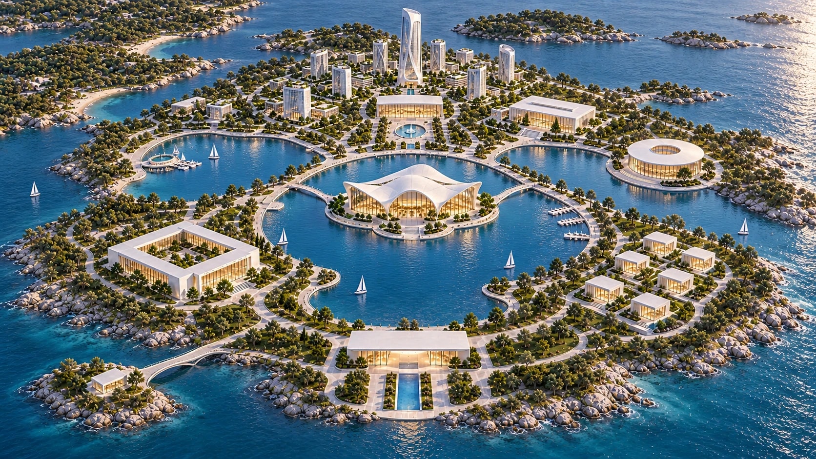 An aerial view of Solana, with eight places to explore.