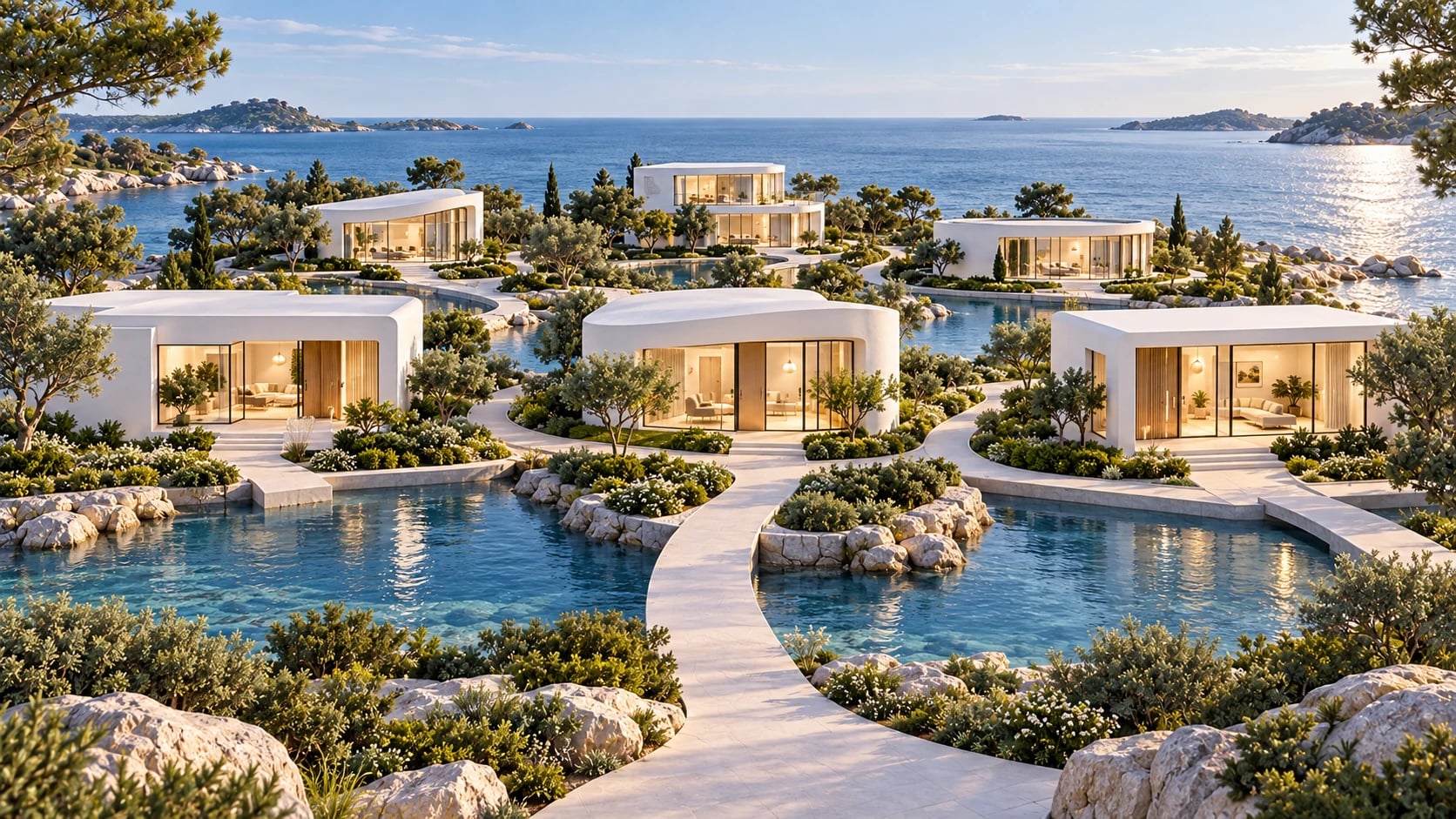 Wallet Gardens: clean white architecture, water and gardens